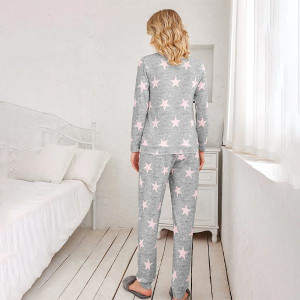 Womens Pajama Set Long Sleeve Sleepwear Star Print Nightwear Soft Pjs Lounge Sets with Pockets