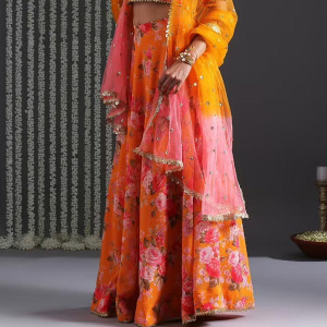 Yellow Floral Skirt With Crop Top & Dupatta
